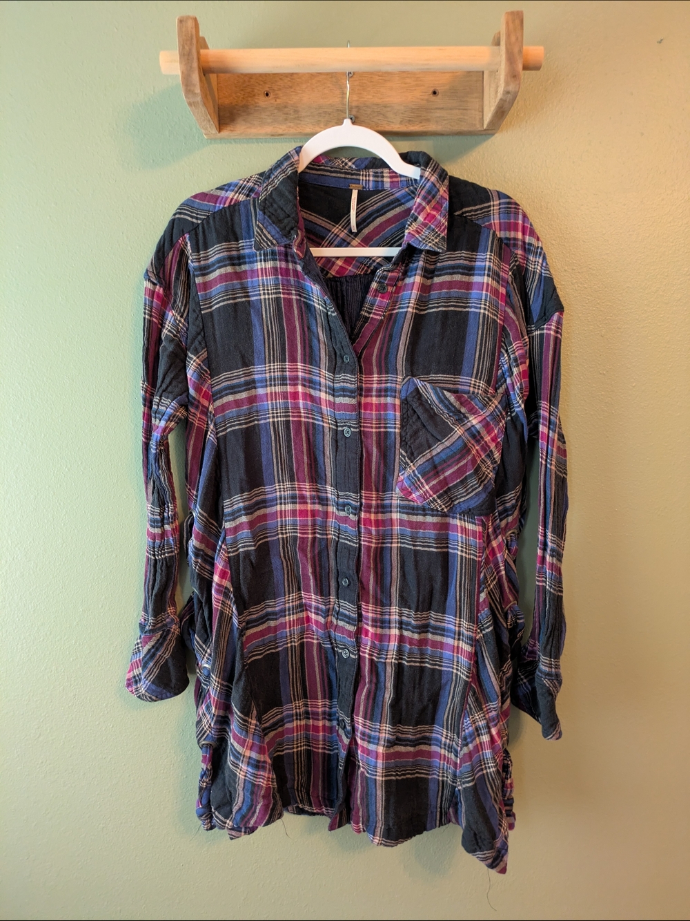 Free People Nordic Day Oversized Plaid Button-Up Top Sz M Retail $108